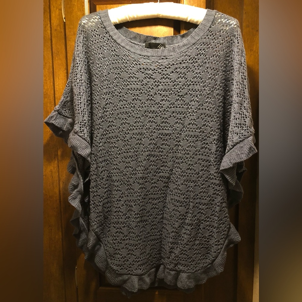 NWOT Crochet Knit Poncho Ruffle Edges Slate Blue L